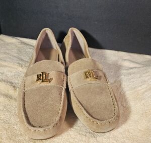 Lauren Ralph Lauren Barnsbury Suede Loafers Tan Driver Flats Logo Shoes Size 10